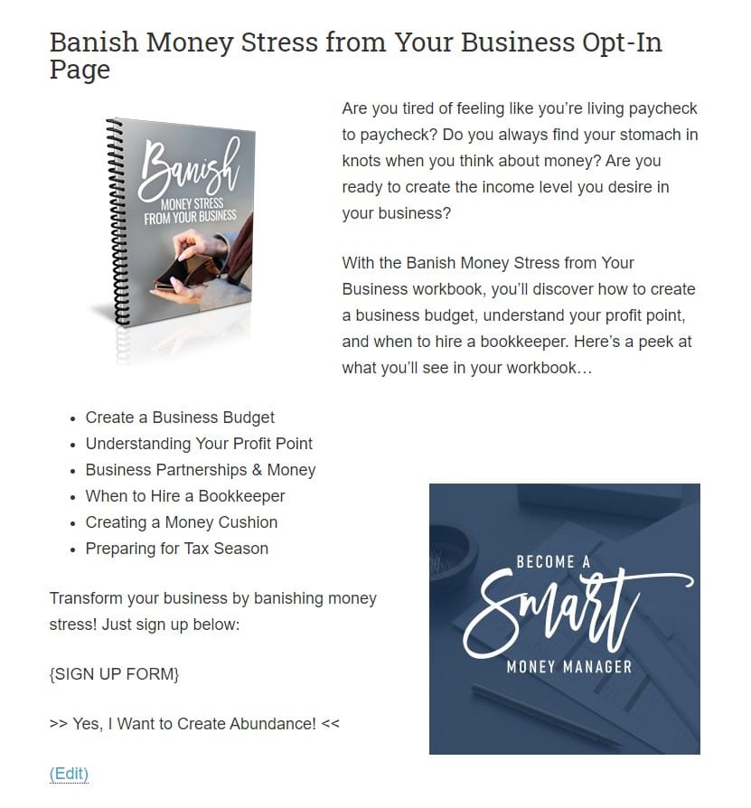 Banish Money Stress from Your Business Optin